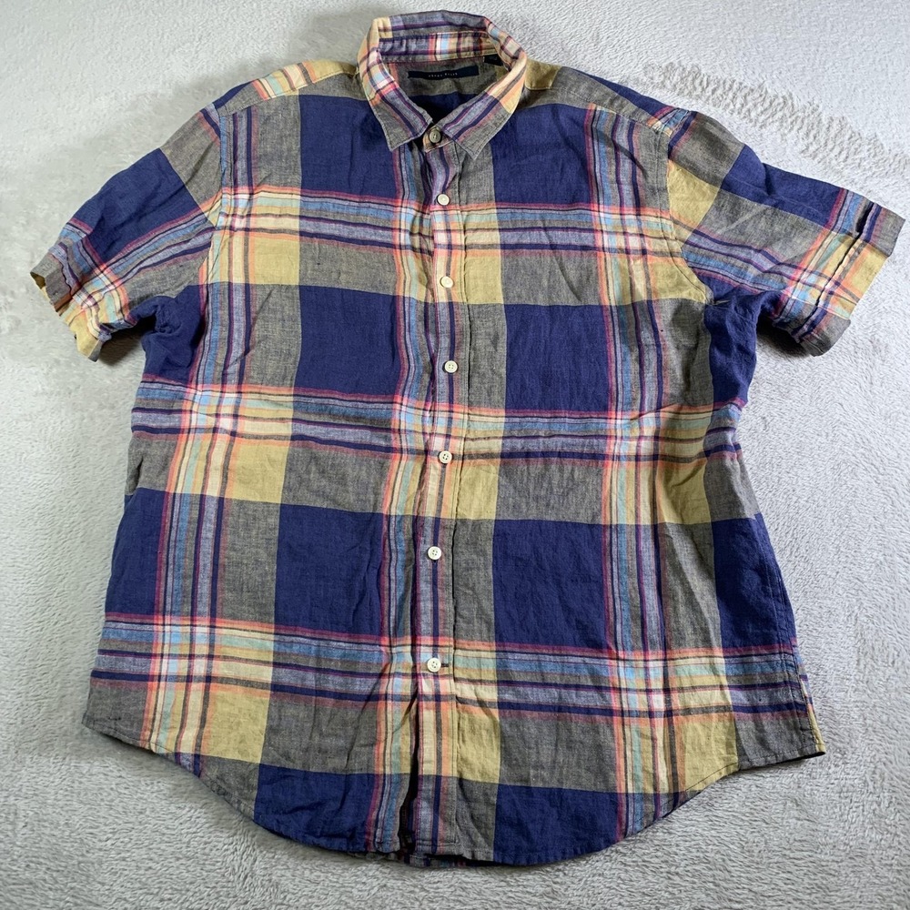Perry Ellis Shirt Mens XL Multicolor Plaid 100% Linen Short Sleeve Button Front